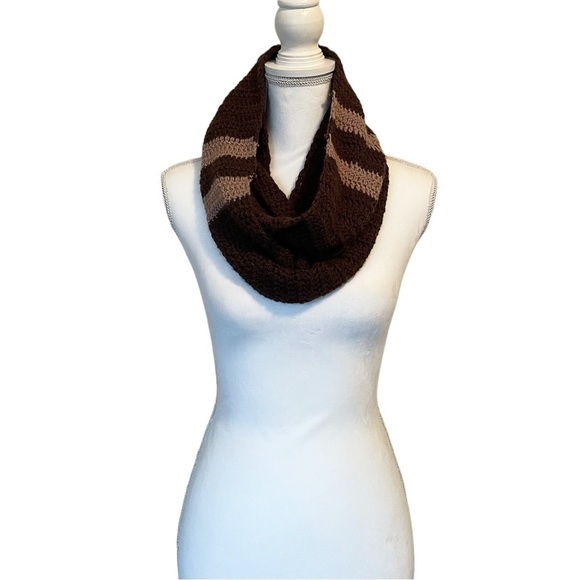 Handmade Crochet Infinity Brown Striped Scarf - Picture 2 of 13